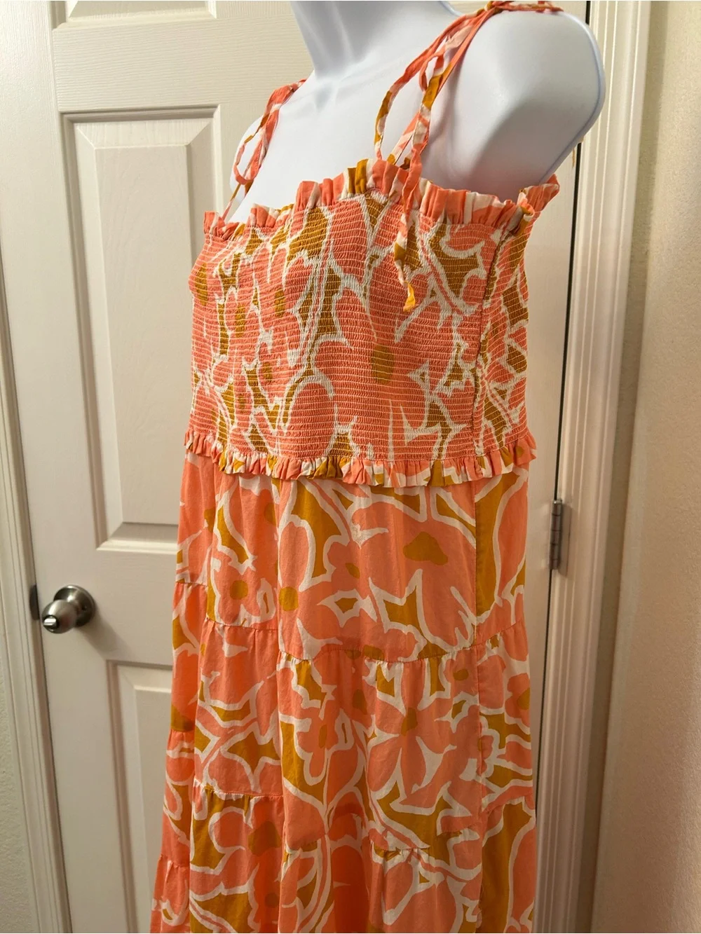 J. Crew Orange Floral Smocked Tie-Shoulder Maxi Dress